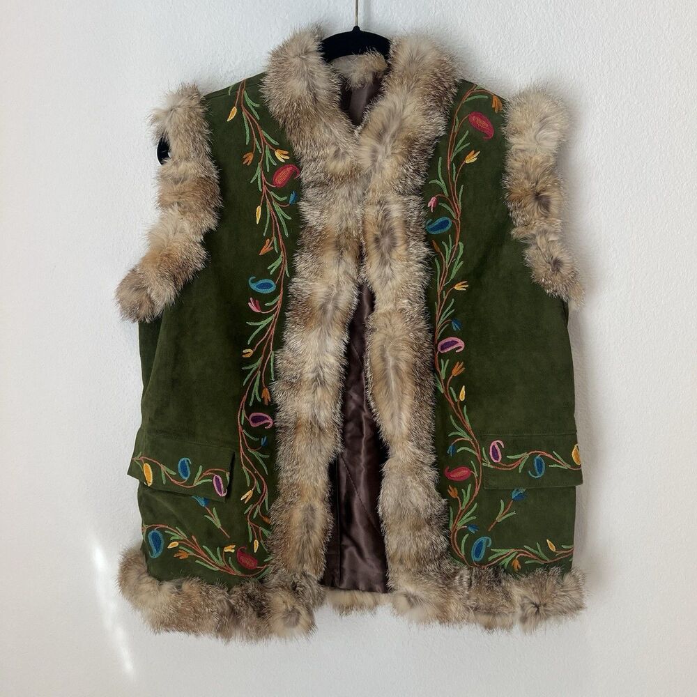 Vintage 70s Suede Rare  Afghan Floral Embroidered Leather Vest Fur Small
